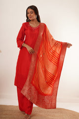 Mirror Work in Red Suit Set With Printed Brocade Dupatta