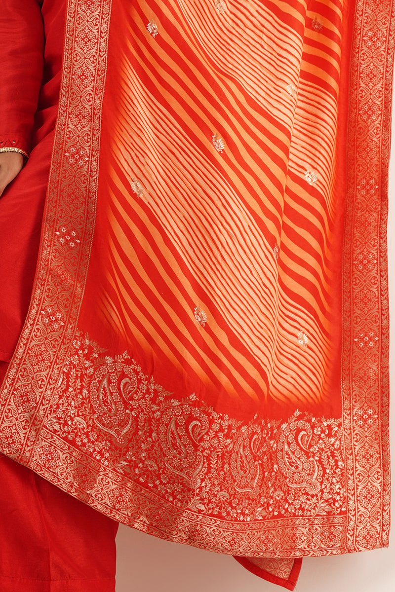 Mirror Work in Red Suit Set With Printed Brocade Dupatta