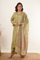 Mirror Work in Green Suit Set With Printed Brocade Dupatta