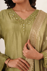 Mirror Work in Green Suit Set With Printed Brocade Dupatta