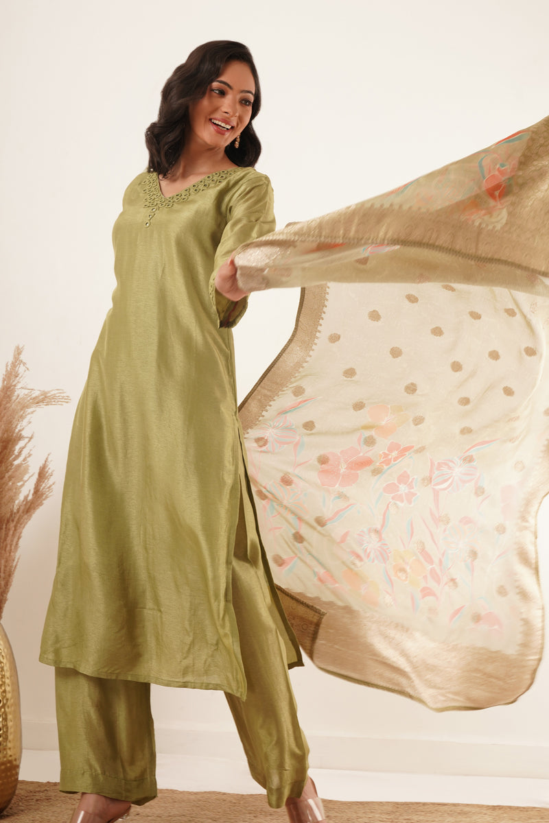 Mirror Work in Green Suit Set With Printed Brocade Dupatta