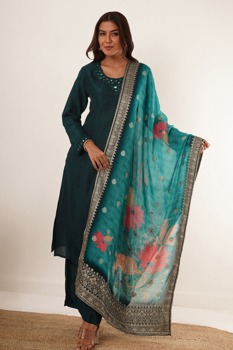 Mirror Work in Teal Suit Set With Printed Brocade Dupatta