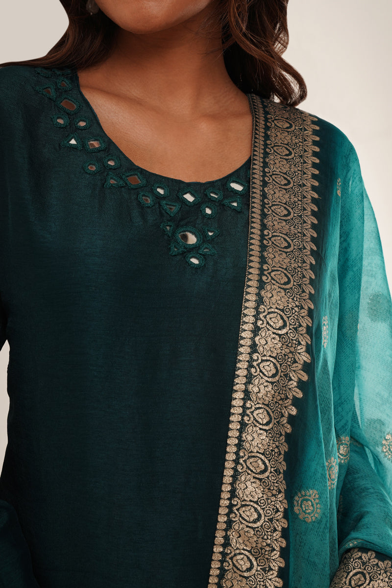 Mirror Work in Teal Suit Set With Printed Brocade Dupatta