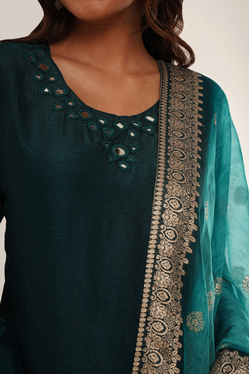 mirror-work-in-teal-kurti-set-with-printed-brocade-dupatta