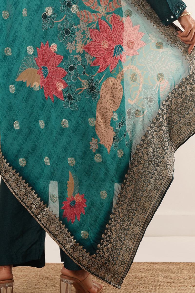 Mirror Work in Teal Suit Set With Printed Brocade Dupatta