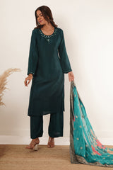 Mirror Work in Teal Suit Set With Printed Brocade Dupatta