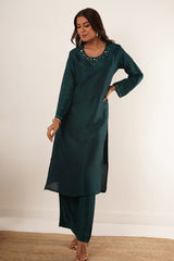 mirror-work-in-teal-kurti-set-with-printed-brocade-dupatta