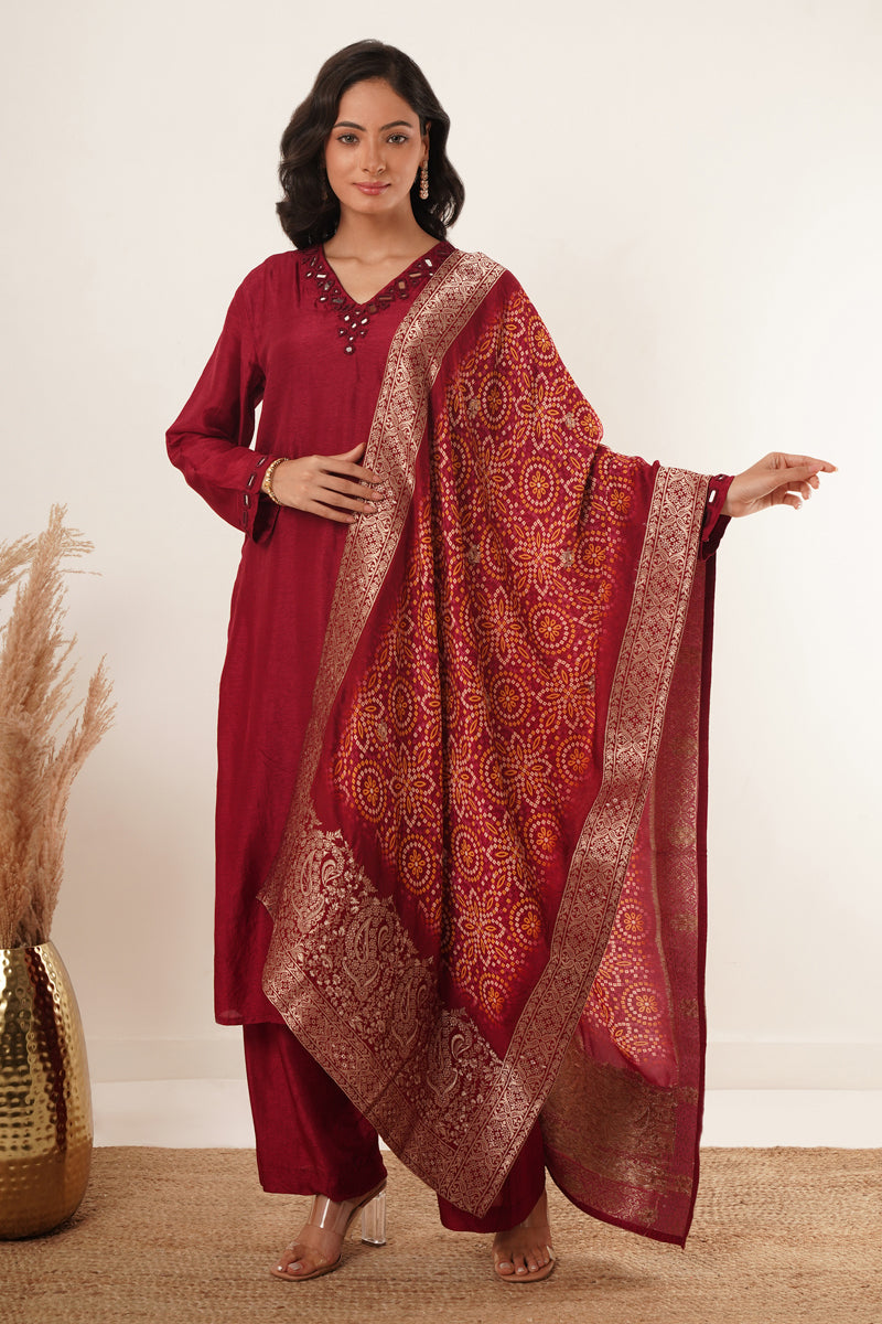 Mirror Work in Maroon Suit Set With Printed Brocade Dupatta