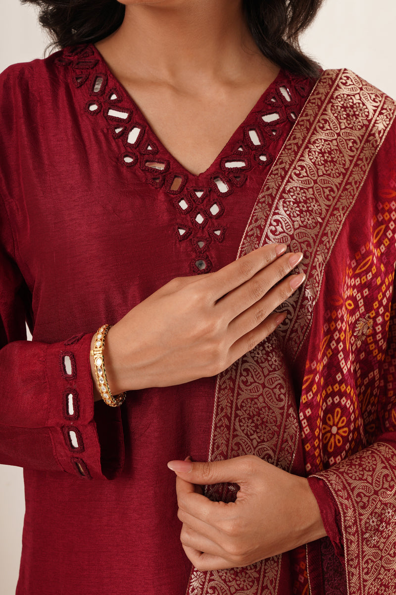 Mirror Work in Maroon Suit Set With Printed Brocade Dupatta