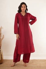 mirror-work-in-maroon-kurti-set-with-printed-brocade-dupatta
