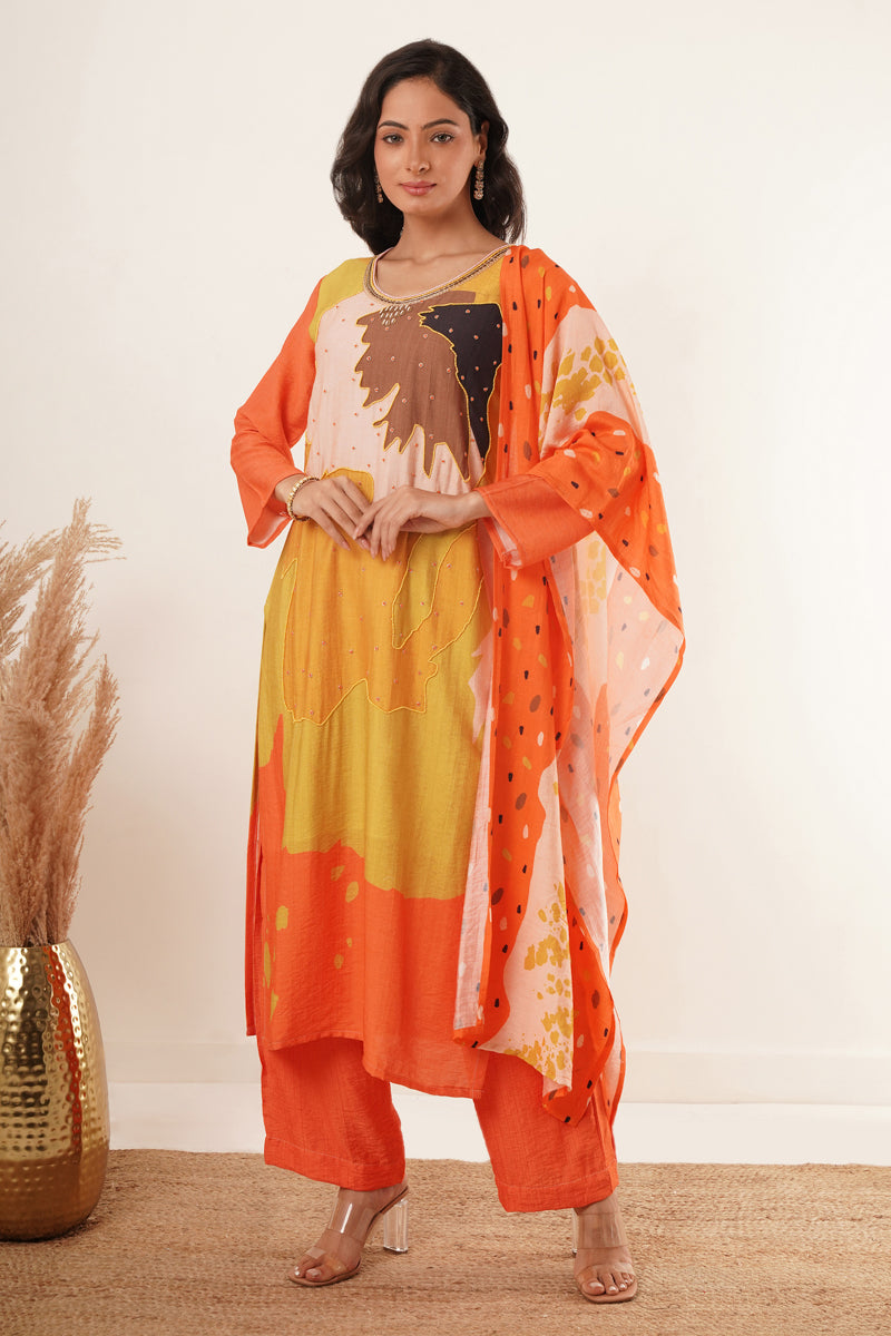 Handwork Desginer Orange Suit Set With Dupatta