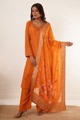 Mirror Work in Orange Suit Set With Printed Brocade Dupatta