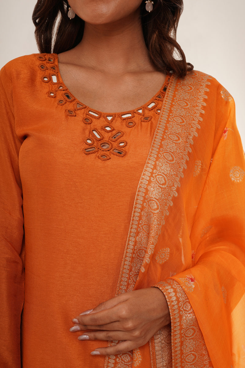 Mirror Work in Orange Suit Set With Printed Brocade Dupatta