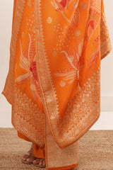 Mirror Work in Orange Suit Set With Printed Brocade Dupatta