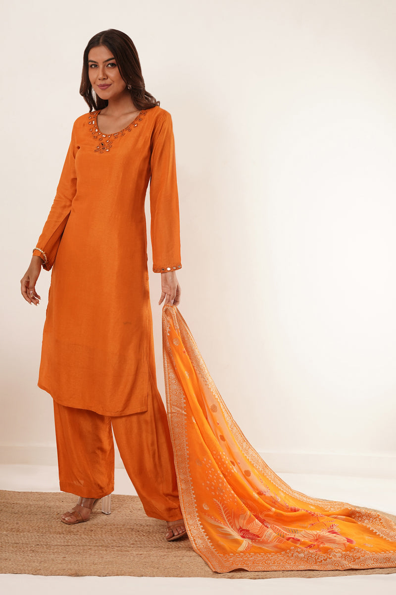 Mirror Work in Orange Suit Set With Printed Brocade Dupatta