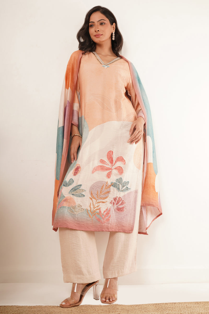 Handwork Desginer Peach Suit Set With Dupatta