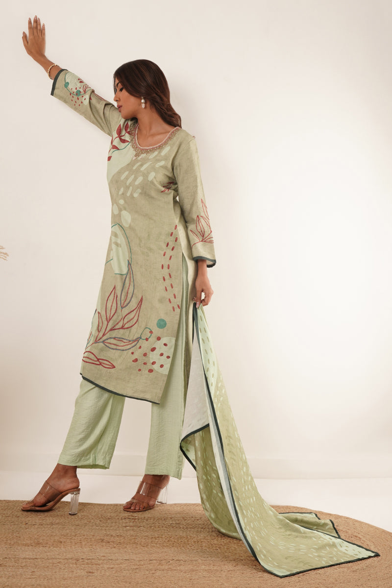 Handwork Desginer Green Suit Set With Dupatta