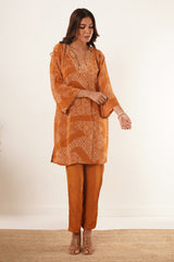 Hand Mirror Work V-Neck Kurti Set-Orange