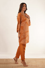 Hand Mirror Work V-Neck Kurti Set-Orange