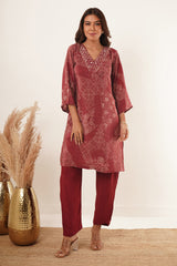 Hand Mirror Work V-Neck Kurti Set-Maroon