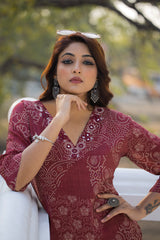 Hand Mirror Work V-Neck Kurti Set-Maroon