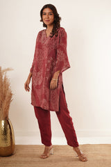 Hand Mirror Work V-Neck Kurti Set-Maroon