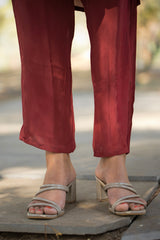 Hand Mirror Work V-Neck Kurti Set-Maroon