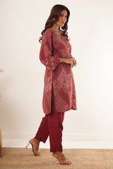 Hand Mirror Work V-Neck Kurti Set-Maroon