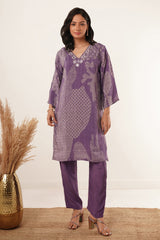 Hand Mirror Work V-Neck Kurti Set-Purple