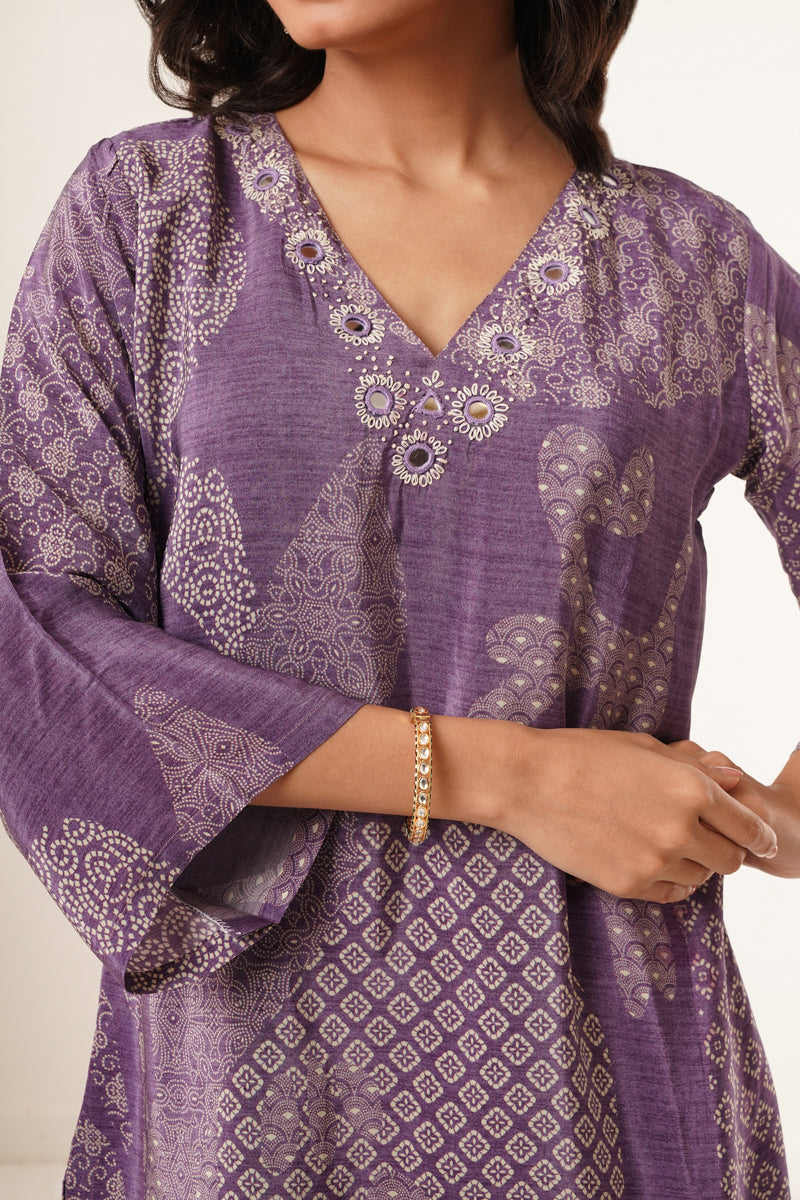 Hand Mirror Work V-Neck Kurti Set-Purple