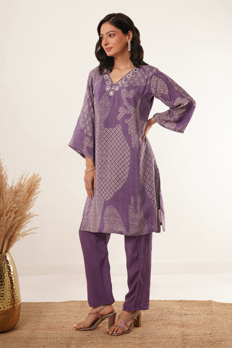 Hand Mirror Work V-Neck Kurti Set-Purple