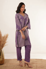 Hand Mirror Work V-Neck Kurti Set-Purple