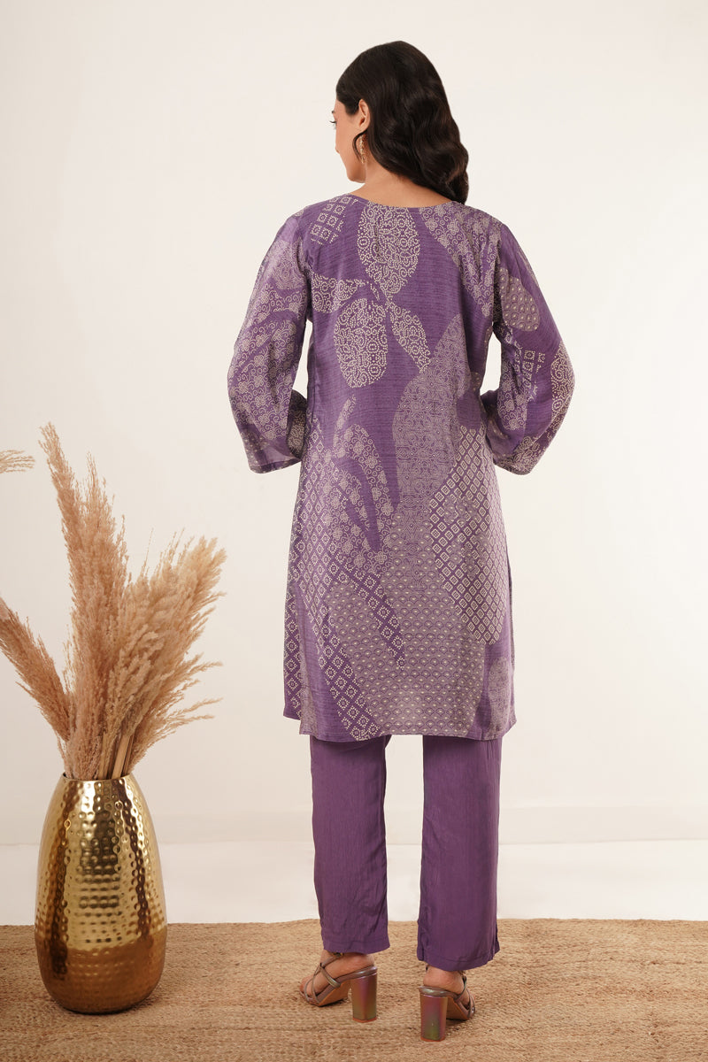 Hand Mirror Work V-Neck Kurti Set-Purple