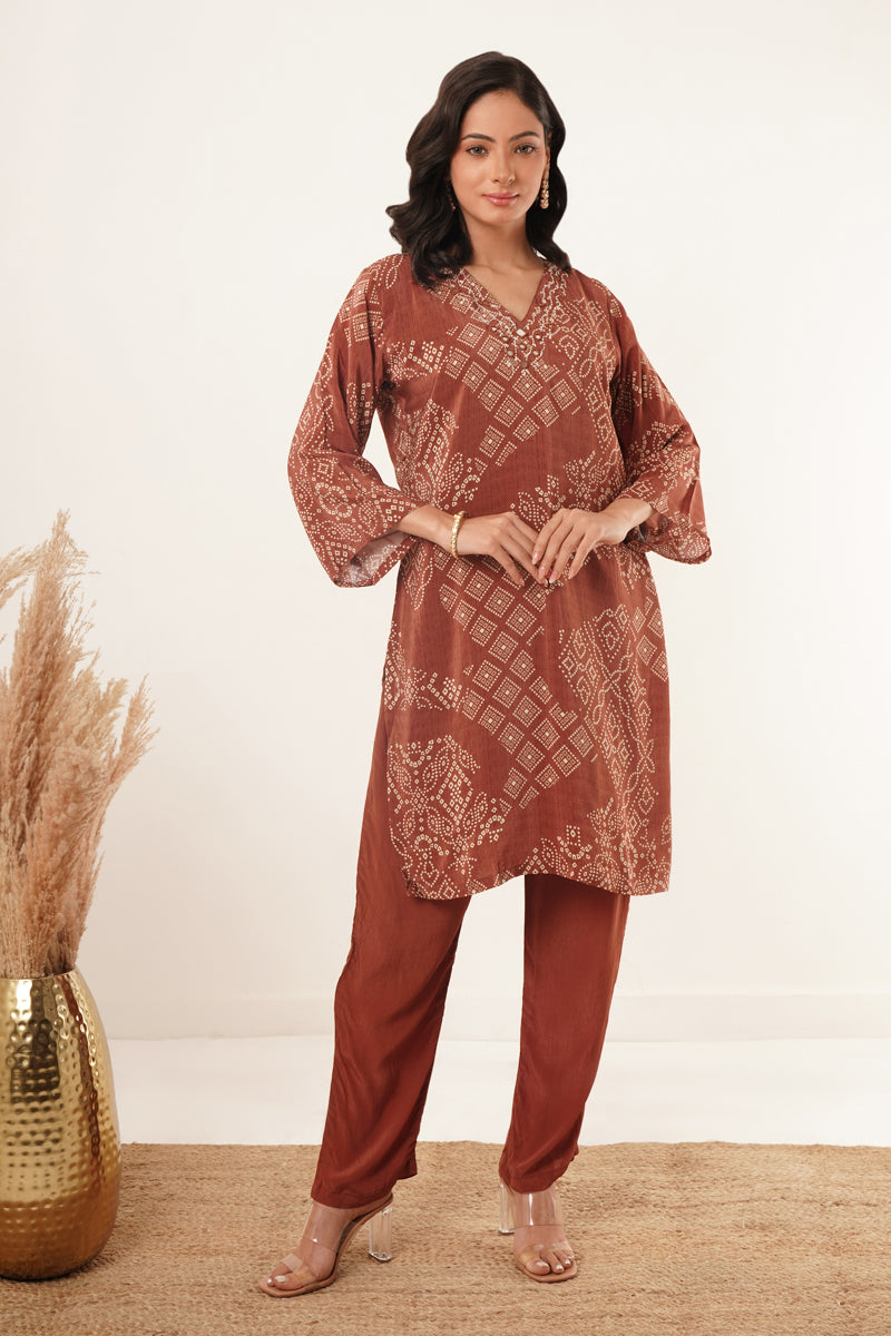 Hand Mirror Work V-Neck Kurti Set-Brown