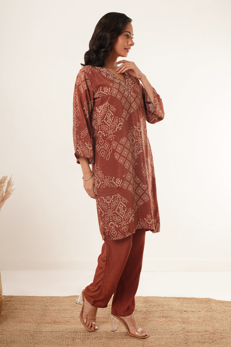 Hand Mirror Work V-Neck Kurti Set-Brown