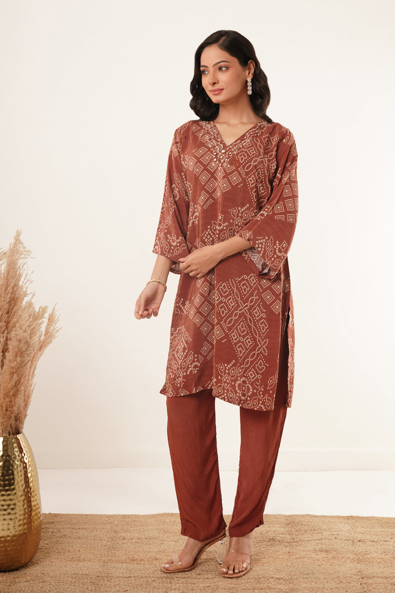 Hand Mirror Work V-Neck Kurti Set-Brown