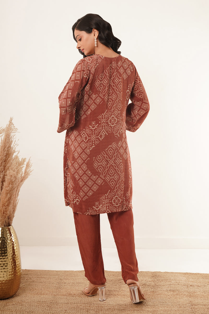 Hand Mirror Work V-Neck Kurti Set-Brown