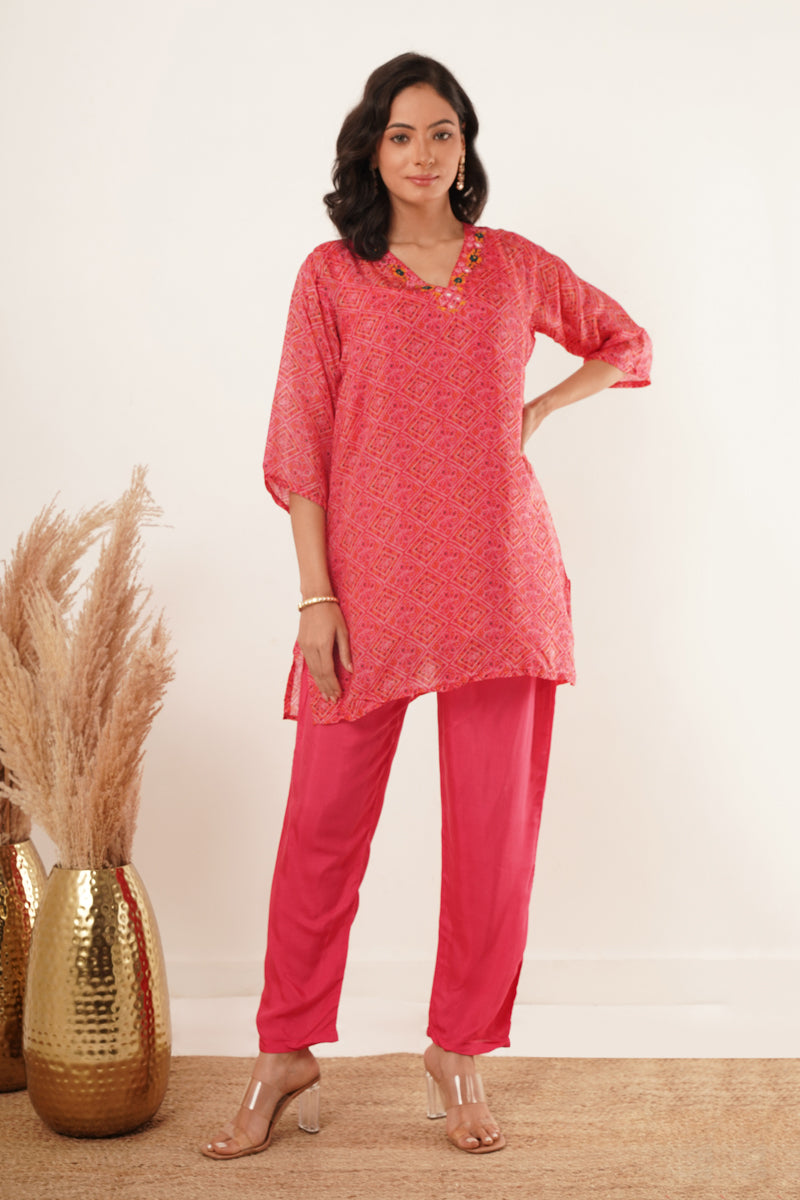 V-Neck Kurti set - Red