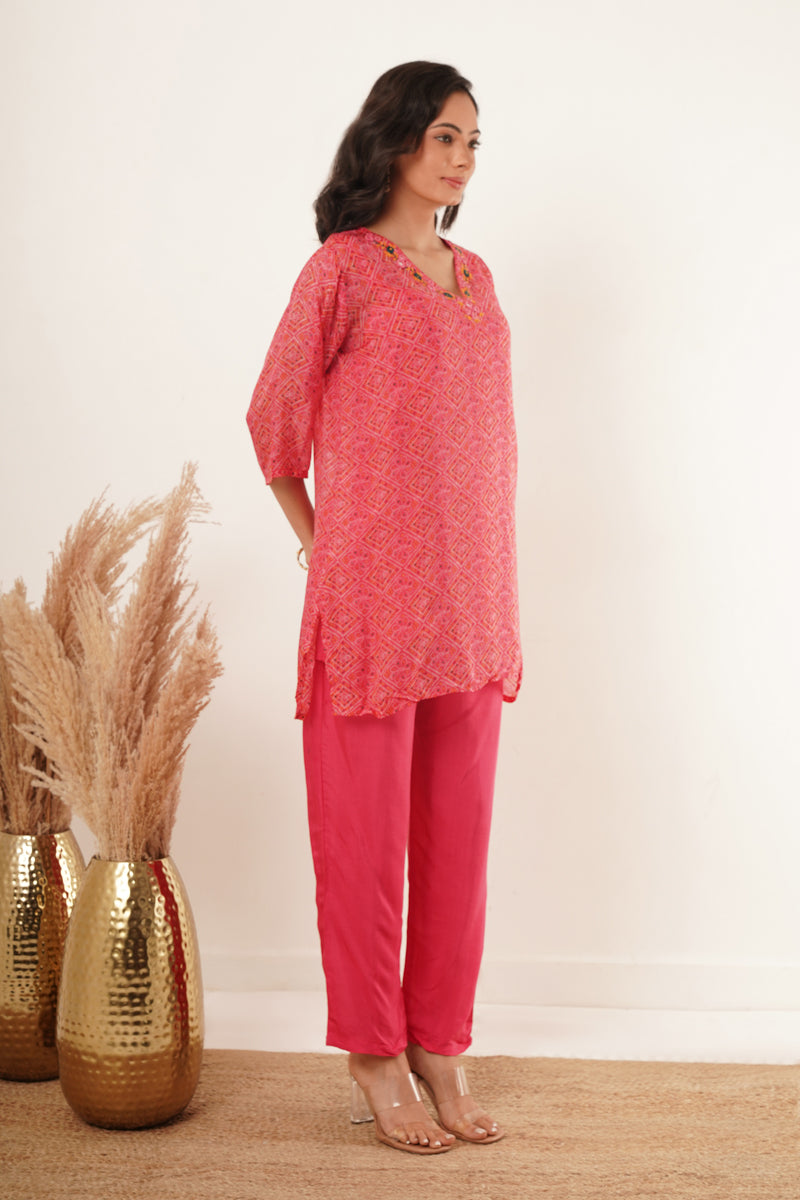 V-Neck Kurti set - Red