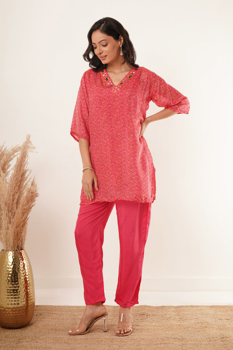 V-Neck Kurti set - Red