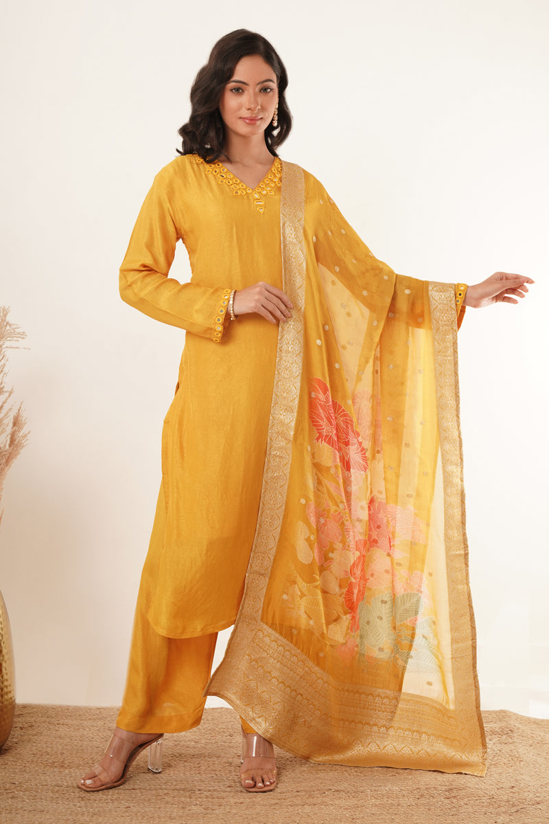 Mirror Work in Yellow Suit Set With Printed Brocade Dupatta