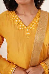 Mirror Work in Yellow Suit Set With Printed Brocade Dupatta