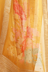 Mirror Work in Yellow Suit Set With Printed Brocade Dupatta