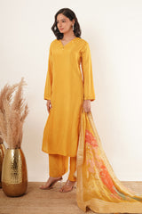 Mirror Work in Yellow Suit Set With Printed Brocade Dupatta