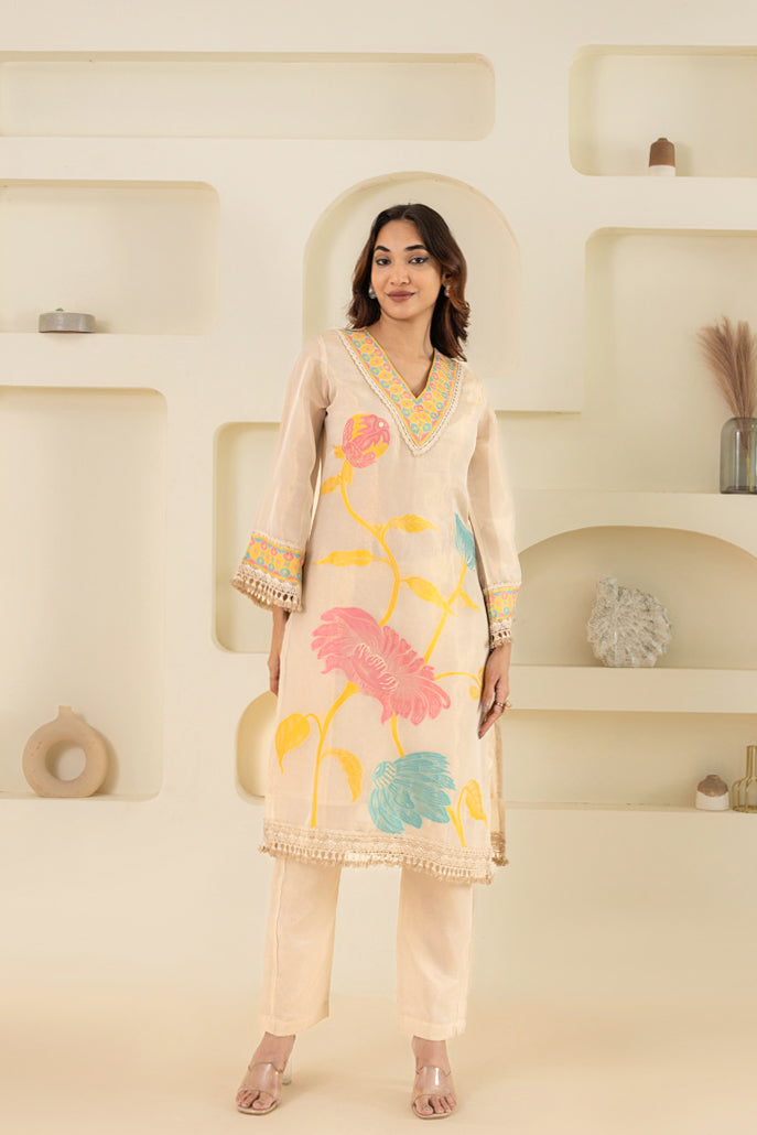 V-Neck Floral Handwork Kurti Dress