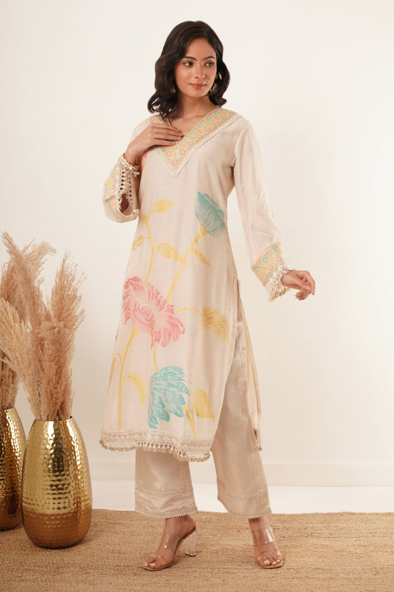 Neck Handwork With Lace Floral Printed kurti Set