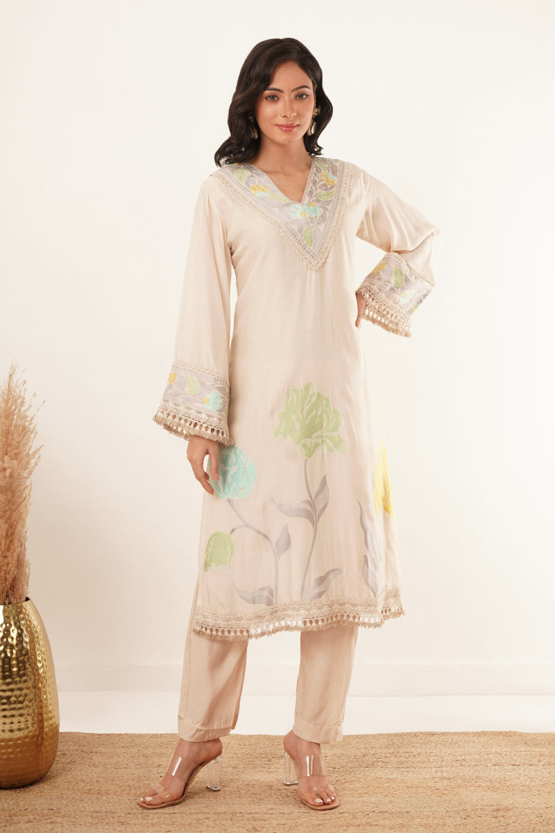 Neck Handwork With Lace Floral Printed kurti Set