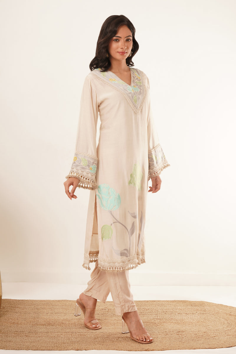 Neck Handwork With Lace Floral Printed kurti Set