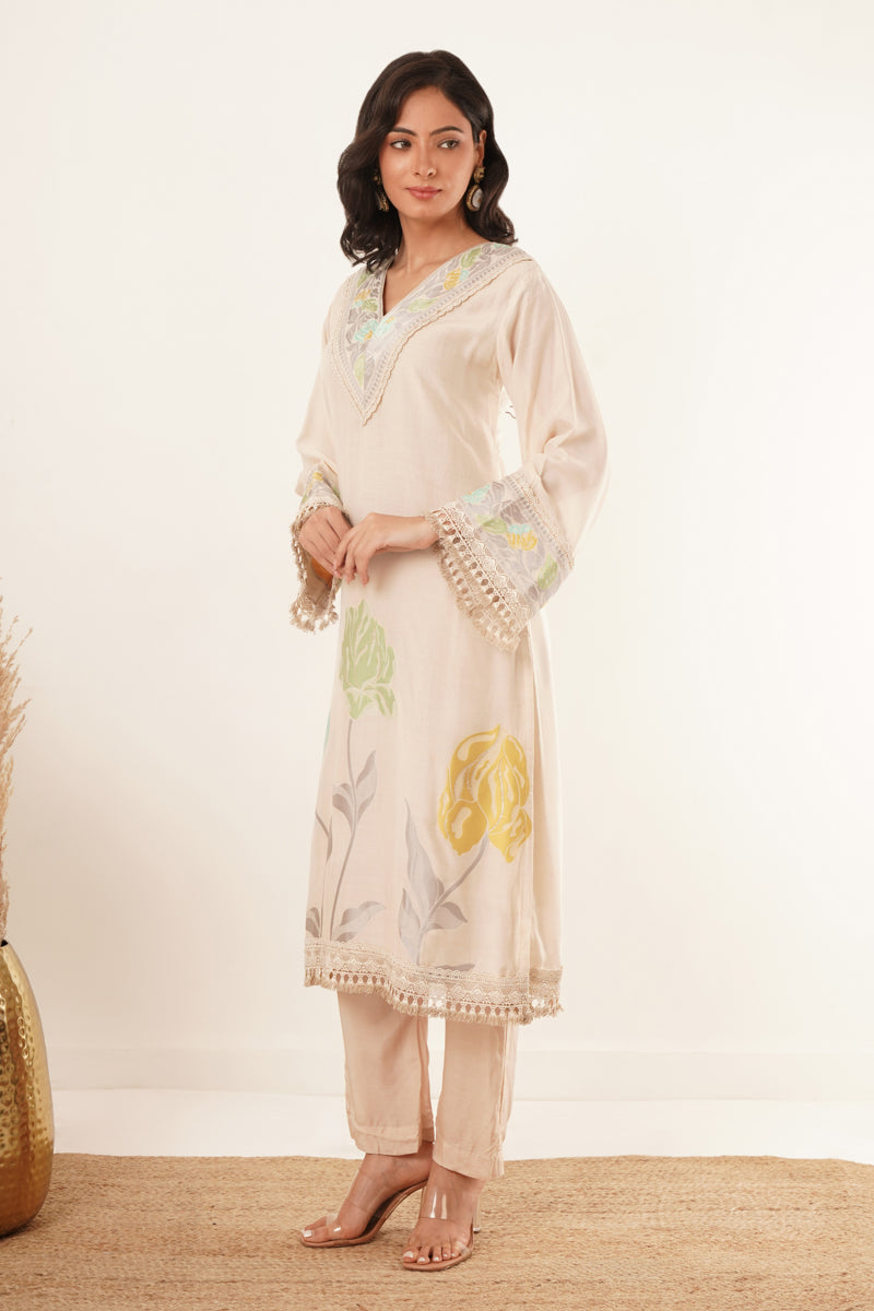 Neck Handwork With Lace Floral Printed kurti Set