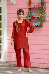 Red Handwork V-Neck Tunic Kurti Set